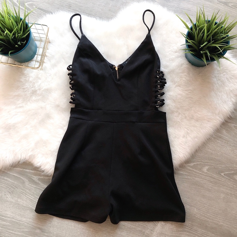 PRIVY Black & Gold Strappy Cage Plunge Romper - S